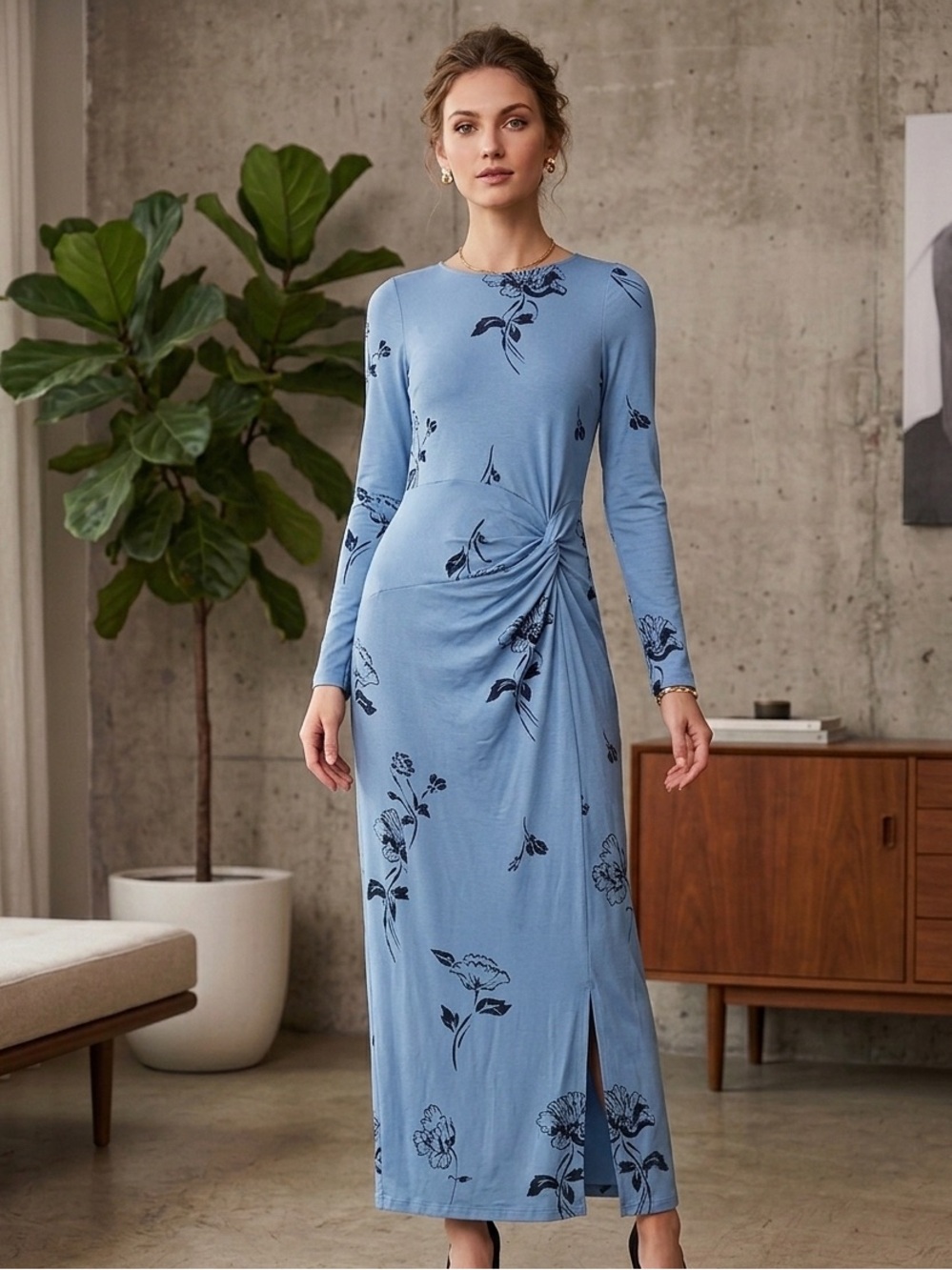 Free People Blue Floral Long Sleeve Twisted Maxi Dress